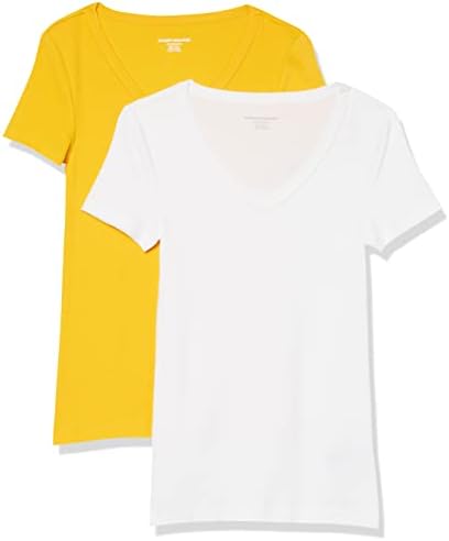 Amazon Essentials Women's Slim-Fit Short-Sleeve V-Neck T-Shirt, Pack of 2, White/Golden Yellow, X-Large