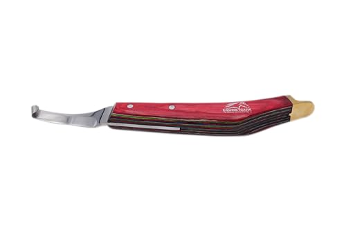 Image of Equine Care Farrier Hoof Knife, Right-Handed, Brass Cap for Horse Shoeing | Right-handed farrier hoof knife with J2 stainless steel blade, notched brass shoe topper, layered handle and flat thumb rest