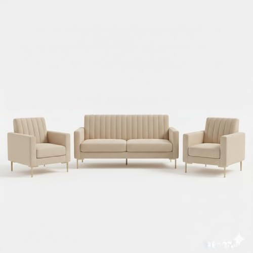 Image of 3+1+1 Seater Velum Fabric Sofa Set for Living Room, Modern Design with High Density Foam, Solid Wood Frame, Ergonomic Comfortable Seating for Home & Office (Beige, 3+1+1)