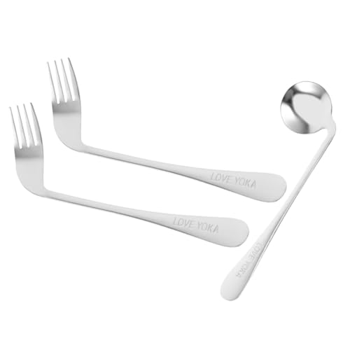 SECFOU 介護スプーン曲る設計 高齢者用斜めスプーンと角付きフォーク 介護 ベッド上での自立給餌に適したステンレス製 滑らかで握りやすい表面加工 長持ちで変形しにくい食器