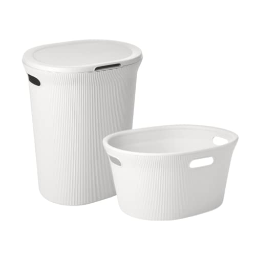 Image of Superio Ribbed Collection - Decorative Plastic Laundry Basket & Laundry Hamper with Lid and Cut-Out Handles, White (Set of 2) Organzier for Bedroom Bathroom College Dorm Room