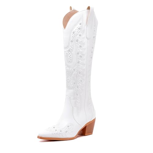 Image of ADAMUMU Womens Wide Calf Cowboy Boots Classic Western-Style Cowboys Boots for Women Pointed Toe Womens Cowgirl Boots with Chunky Heel Non-Slip Sole for Adding Timeless Elegance to Your Wardrobe