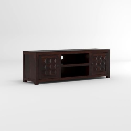 Image of Solid Sheesham Wood Entertainment TV Unit with 2 Door | Rosewood Tv Stand /TV Cabinet for Living Room | Bedroom | Wooden TV Panel with Shelf Stoarge | TV Table