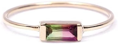 GJ Genuine 3 x 6 MM Baguette Watermelon Tourmaline Ring, 14K Solid Gold Band, Minimalist Stackable Ring, Cocktail Wedding Jewellery Gift For Her (14K Yellow Gold, 7.75)