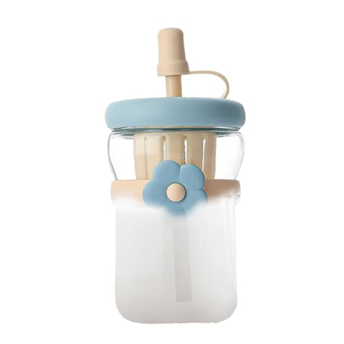 再利用可能なガラスボトル - 500ml 透明 ガラスコップ 漏れ防止 シリコンストロー付き 再利用可能 - シリコンストロー付き 再利用可能ドリンクウェア - お茶 コーヒー 牛乳 ジュース 飲料 冷熱対応 旅行 キャンプ ジム オフィス 学校向け