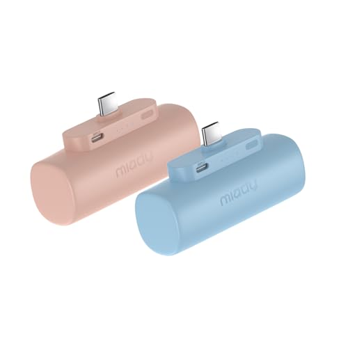Image of Miady 2-Pack Mini Portable Charger Built-in USB C Connector Small PowerBank | 5000mAh丨Lightweight丨for Backpack Travel丨Compatible with iPhone 17 Galaxy Android丨Ultra-Compact丨Flight-Safe丨18Wh丨Blue+Pink