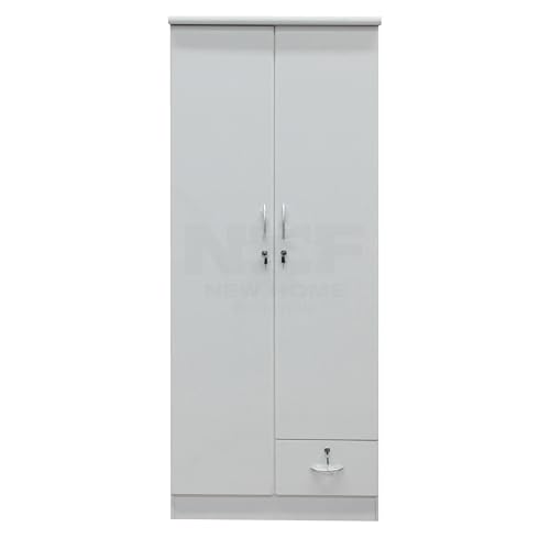 New Home Furniture NHF-621 2-Door Wardrobe H185 x W80 x D45 cm, Lockable Cabinet with Hanging Rod, 4 Shelves & Bottom Drawer, Bedroom Storage Cupboard