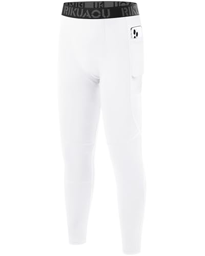 RIKUAOU Boys Compression Pants Leggings, Youth Athletic Quick Dry Tights Football, Base Layer Spandex Sports with Pocket White