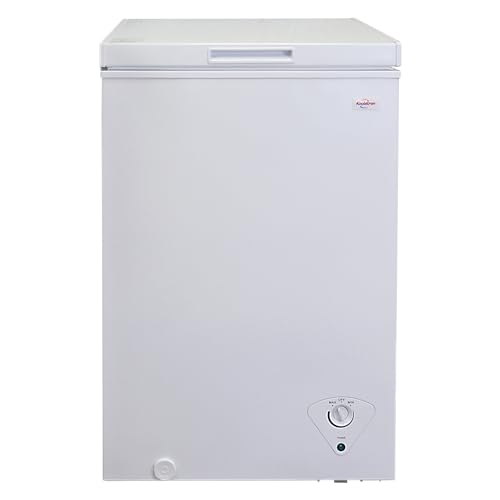 Koolatron Compact Chest Freezer, 3.5 cu ft (99L), White, Manual Defrost Deep Freeze, Storage Basket, Space-Saving Flat Back, Stay-Open Lid, Front-Access Defrost Drain, for Apartment, Condo, Cottage