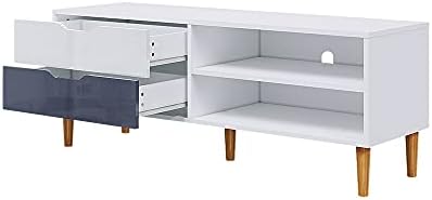 Panana Modern TV Stand Cabinet, Wooden Multimedia Centres with High Gloss Front Drawers and Shelves 125cm Entertainment Cabinet with Wood Leg Living Room Bedroom White and Grey