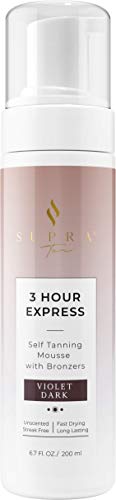 Supra Tan VIOLET DARK 3 Hour Express Self Tanning Mousse with Instant Bronzers - Fragrance-Free Self Tanner for Natural and Deep Dark Exotic Bronze - Anti-Orange Fake Tan for Body & Face, 6.7 fl.oz.