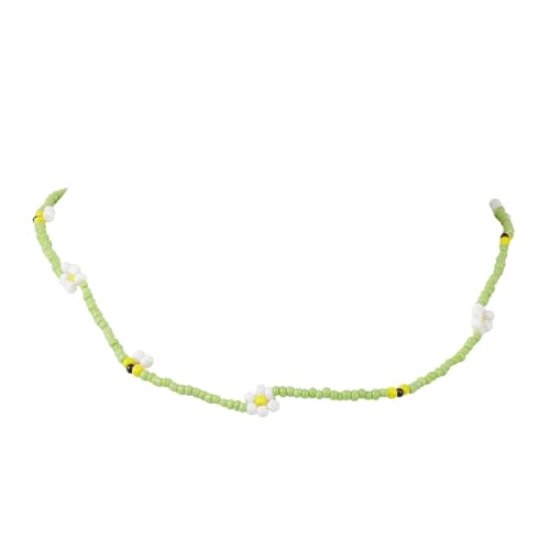 1Pc Glass Seed Bead Beaded Flower Necklaces Spring Green Flower & Bees Beaded Necklace with 304 Stainless Steel Tail Chain 16.77 inch/42.6cm Long 8.5mm/0.33 inch Extender 42mm/1.65 inch2