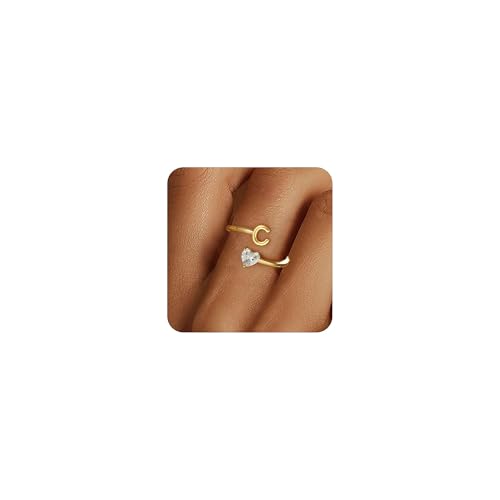 Fezodo Gold Rings for Women Teen Girl Gifts - 18K Gold Plated Adjustable Letter C Initial Ring Thumb Ring Dainty Heart CZ Rings Gifts for Girls Teenager Niece Daughter