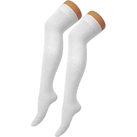 Prettymake New Womens Over The Knee Long Horizontal Stripe Print Ladies Thigh High Striped Patterned Overknee Socks (White) Cover
