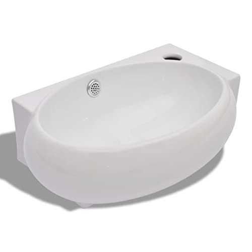 vidaXL Vasque de Salle de Bain Céramique Blanc Trou Trop-plein Toilette Lavabo
