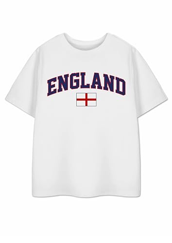 Image of Show Me The Merch Kids England White Graphic Tee | St. George's Cross Flag Short Sleeve Top | Unisex Football Tournament Merchandise | Children's England Pride T-Shirt - 7-8 Years