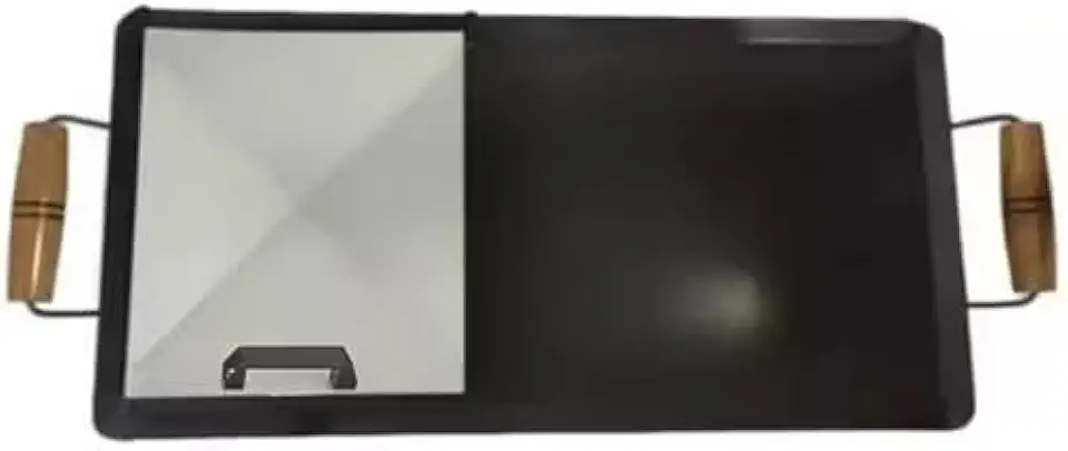 Chapa para Hambúrguer Profissional, Aço Carbono, 30x60cm, com Abafador e Alças em Madeira, para Lanches e Churrasqueira