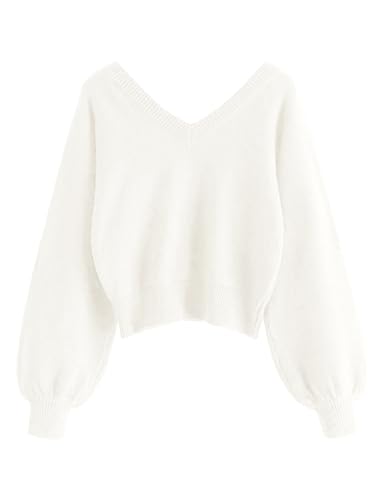Image of ZAFUL Women's Cropped Sweater V-Neck Long Sleeve Pullover Jumper Knit Top | Crop Length, Ribbed Knit, Double V design, White sweater, Raglan sleeves, lantern sleeve, Fall & Winter, Loose fit, Oversized