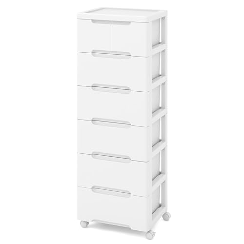 FANTASK Nischenwagen mit Rollen & 4 Schubladen, Nischenregal 20cm breit, Badrollwagen, Nischenschrank schmal für Studio, Bad, Klassenzimmer & Salon, 40 x 32 x 114 cm (Weiß)