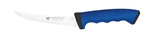 Wolfcut Couteau à désosser 13 cm - Lame flexible courbée bleue - Manche SoftGrip antidérapant - Qualité professionnelle - Pour bouchers, viandes et abattoirs...