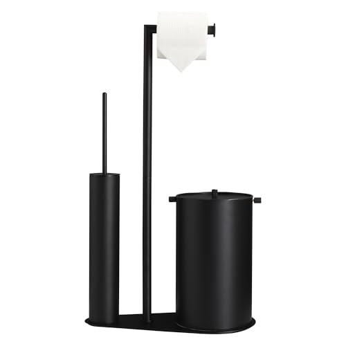 BVL Bathroom Trash Can with Toilet Paper Holder & Toilet Brush, Stainless Steel Matte Black 1.32 Gallon Wastebasket with Lid, Space-Saving Bathroom Accessories