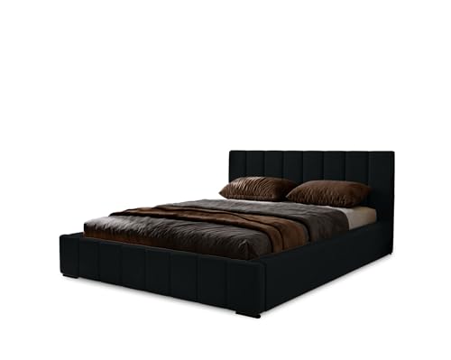 MARPUR Polsterbett Nero mit Kopfteil, 200x200 cm, Doppelbett mit Bettkasten und Lattenrost aus Holz, Velourstoff: Schwarz