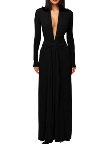 DAAWENXI Women's Sexy Deep V Neck Maxi Dress Long Sleeve Tie Wedding Guest Cocktail Evening Dresses