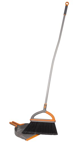 Casabella Ergo Broom & Dustpan Set Angled Broom with Replaceable Bristle Head & Hang Loop 54-Inch Gray
