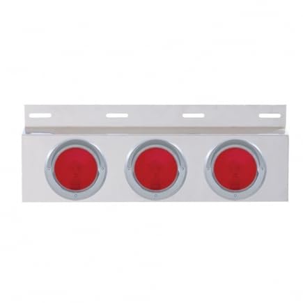 Image of United Pacific 10644 Mud Flap Hanger, Mud Flap Plate, Top, Stainless, with Three 4 inch Lights & Visor, Red Lens