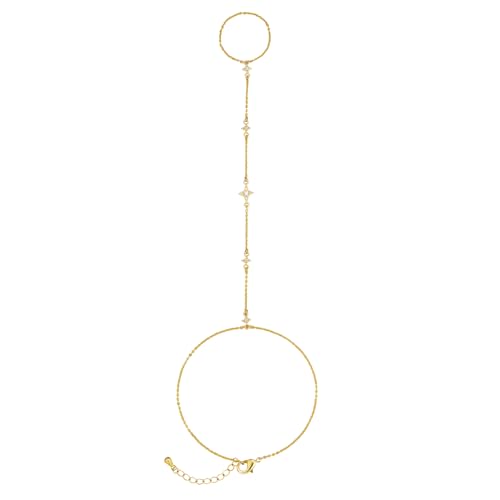 MINDDHA 14K Gold/White Gold Plated Hand Chains Bracelet for Women | Dainty Cubic Zirconia Bracelet and Ring Chain Body Jewelry | Star, Princess Cut Styles Adjustable Chain3