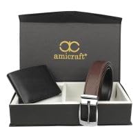 Image of Amicraft Faux Leather Men's Wallet & Belt Combo Set Black Brown Reversible Gift set