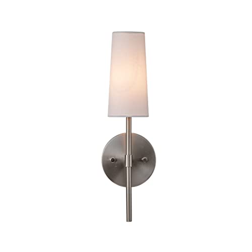 Image of Aspen Creative 62719-09-1, 1 Light Indoor Wall Fixture, 4-3 /4 inch W x 14-5 /8 inch H x 5-1 /8 inch E, Satin Nickel Finish w /White Fabric Shade, Bulb Not Included