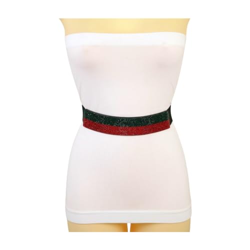Women Designer Inspired Fashion Belt Hip Waist Red Green Rhinestones Stripes S M z1632