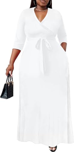 Image of Nmoder Plus Size Maxi Dress for Women - Summer Casual 3 /4 Sleeve Floral Flowy Long Dress with Belt XL- 6XL