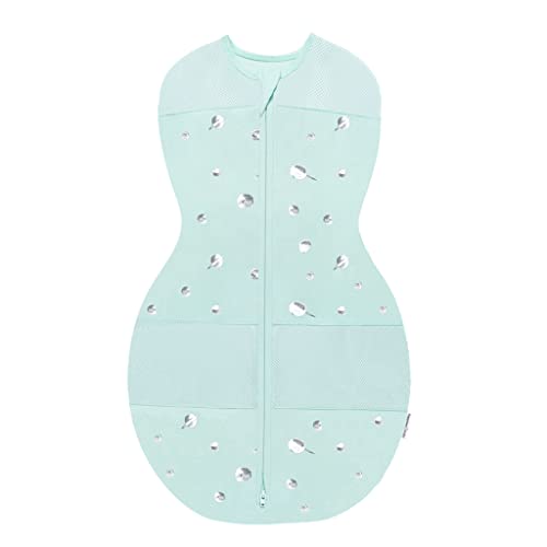 Image of Happiest Baby Sleepea 5-Second Swaddle - 100% Organic Cotton Baby Swaddle Blanket - Doctor Designed Promotes Healthy Hip Development (Teal Planets, Small)