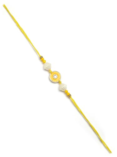 Image of Karatcart Set of 2 Yellow Evil Eye & Rudraksha Handmade Kundan Rakhi for Brother with Roli & Chawal