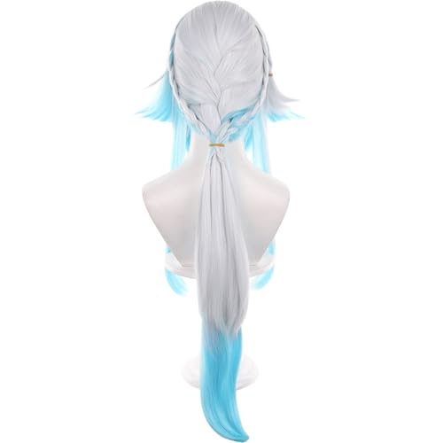 Image of Anime White Gradient Blue Wigs with Bangs Women Long Straight Wig with Braids and Ponytail Cery Adult COS Game Empress Wigs Halloween,Christmas,Comic con,Game Show,Party