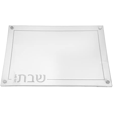 Lucite Challah Board - Shabbat Challah Board with Embroidered Leatherette, Acrylic and Glass Top - Challah Bread Platter (Silver) Cover