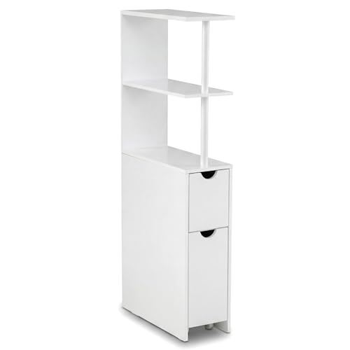 COSTWAY Meuble Colonne Salle de Bain, Armoire de Rangement Étroit avec Étagères Ouvertes, Tiroir Amovible, Meuble WC en Bois, 45 x 20 x 114 cm, Blanc