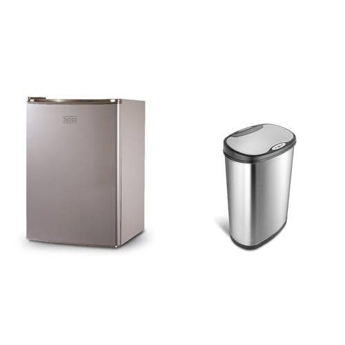 Image of BLACK+DECKER BCRK25V Compact Refrigerator Energy Star Single Door Mini Fridge with Freezer & NINESTARS DZT-50-13 Automatic Touchless Motion Sensor Oval Trash Can with Black Top, 13 gallon /50 L