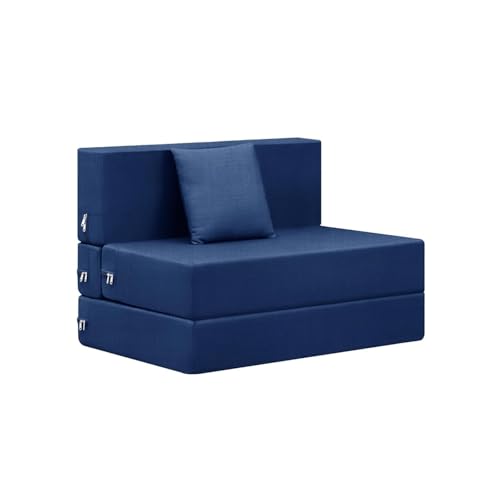 Image of Rosebell One Seater Foldable Sofa Cum Bed (3x6 Feet) Jute Fabric, Washable Removable Cover, Includes One Cushion | Space Saving Sofa Bed for Home, Office & Guests - Blue