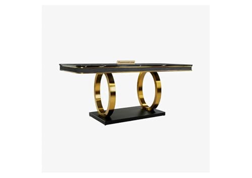 Image of 6-Seater Dining Table with Nano Composite Marble Top and PVC Golden Wooden Base | Includes 6 Fabric Upholstered Chairs (Grey)