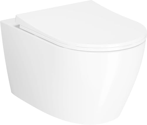 Inodoro suspendido con diseño moderno montado en la pared, asiento con cierre suave, descarga dual y altura cómoda, tapa ultra delgada, asiento elevado blanco miniatura 1