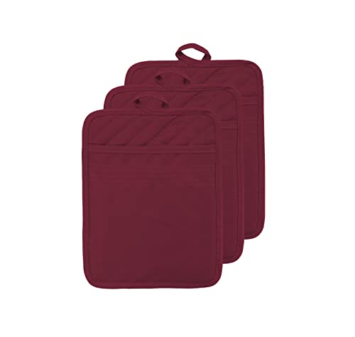 VEIKERY Cotton Pocket Pot Holders Machine Washable Heat Resistant Hot Pads for Kitchen and Baking Square Burgundy red Oven Mitts 7"x9" Set of 3