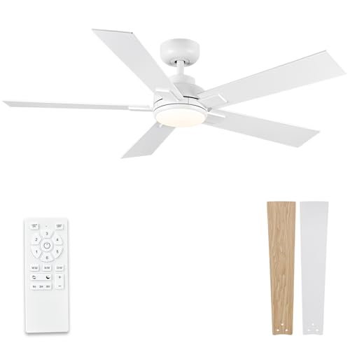 Modern Ceiling Fans with Lights - 52 inch Outdoor White Ceiling Fan with Light and Remote Reversible DC Motor 6-Speed Quiet 3CCT LED Dimmable for Bedroom Indoor and Outdoor Patios  ETL Listed