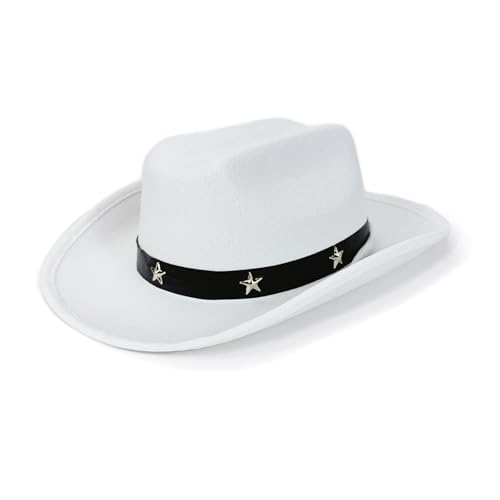 Kids Toddler Western Cowboy Hat Wide Brim Stylish Star Leather Cowboy Hat Cowgirl Dress Up Hat with Belt Buckle (White ONE Size)