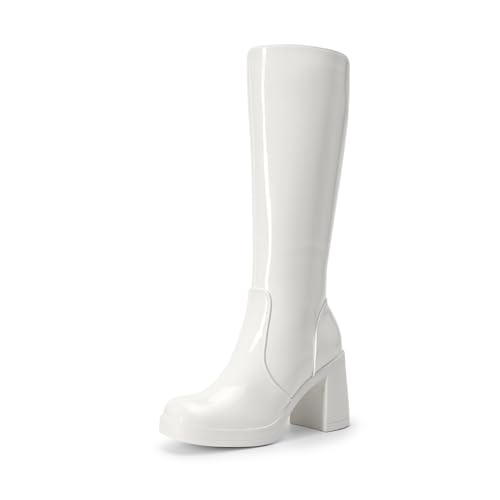 DREAM PAIRS Knee High Boots for Women Platform Square Toe Chunky Block Heeled Stylish Comfortable Tall Boots with Side Zipper 6.5 White-pat