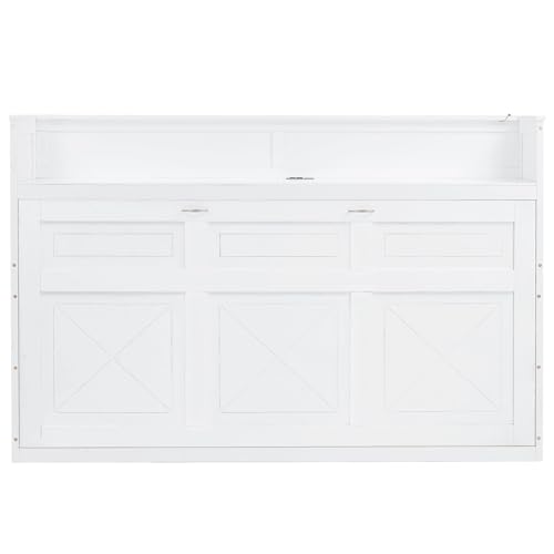 SOFTSEA Twin XL Size Horizontal Murphy Bed, Hideaway Wall Bed with Desk, Storage Shelves, LED Light & USB Ports, Space-Saving Foldable Cabinet Bed Frame for Guest Room, Bedroom, Office, White