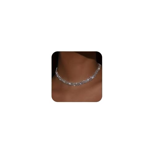 Ronglry Rhinestone Choker Necklace for Women Silver Diamond Choker Necklaces for Women Sparkly Crystal Rhinestone Necklace for Women Silver Chokers for Women Party Prom Wedding Jewelry Accessories