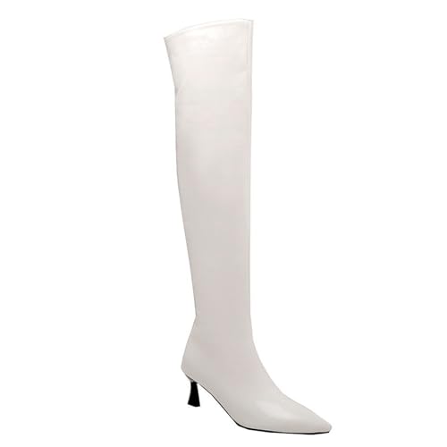Betastella Women's Low Kitten Heel Thigh High Boots Patent Leather Pointed Toe Over The Knee High Boots